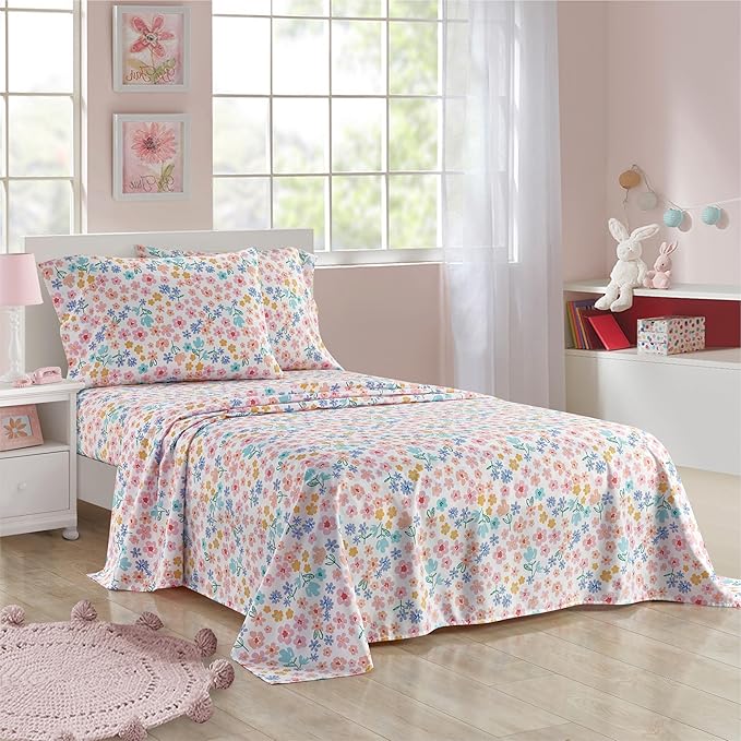 Heritage Kids 4-Piece Full Sheet Set – Multi-Color Ditsy Floral Design, Includes Top Sheet, Fitted Sheet & 2 Pillowcases, Soft Microfiber Bedding for Girls’ Bedroom or Guest Room