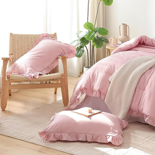 JANZAA Twin Comforter Set Baby Pink Ruffle Comforter with 1 Pillowcase Soft Twin Size Bed Set Vintage Farmhouse Bed Comforter Set Fluffy Shabby Chic Bedding for All Season