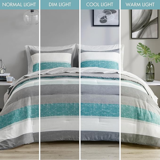 Madison Park Essentials Twin Comforter Set, Bed in A Bag Comforter & Sheet Set, Modern Casual Stripes Print, All Seasons, Soft Microfiber Bedding Makeover, Matching Shams, Twin Aqua/Grey 5 Piece