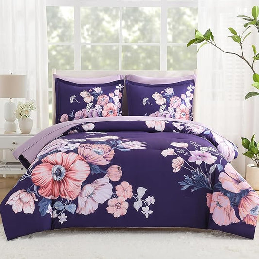 Queen Comforter Set - 7 Pieces Bed in a Bag Dark Purple Floral Queen Comforter Set with Sheets, Soft Microfiber Flower Complete Bedding Set for All Seasons(Dark Purple,90"x90")