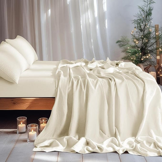 LBRO2M 100% Pure Linen Sheet Set Deep Pocket Up to 16" Bed Sheets Sets, Natural Flax Beddings Soft, Breathable, Comfortable for All Seasons 4 Pcs Sheet Set California King Size, Beige