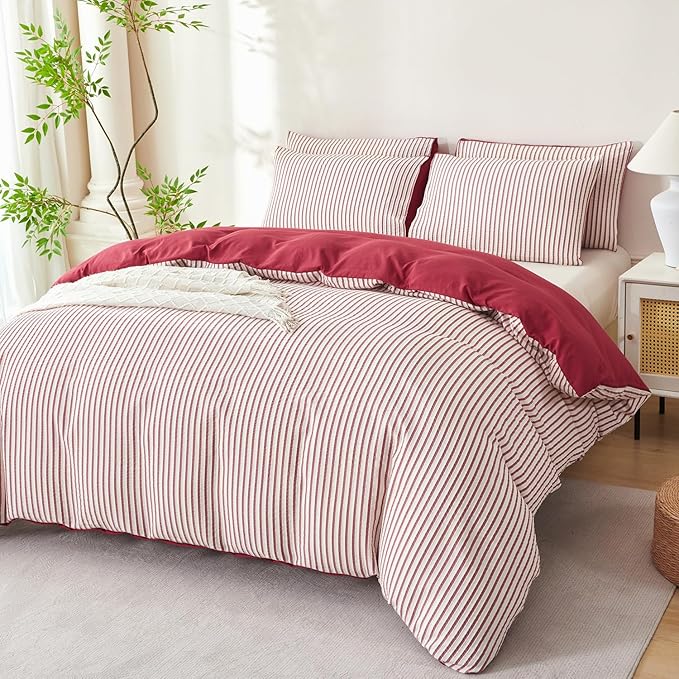 Striped Comforter Queen Brick Red Soft Luxury Washed Microfiber Jacquard 3 Pieces Bedding, White Brick Red Vertical Ticking Stripes Pattern Comforter with 2 Pillowcases Breathable Durable Comfy