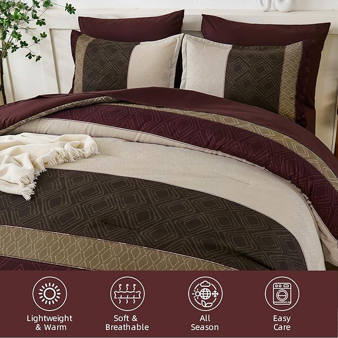 Dinjoy Boho Queen Comforter Set Burgundy,7 Piece Bed in a Bag Queen Size Warm Striped Dark Red Bedding Sets Plaid Fall Comforters Set with Sheets for Family All Season