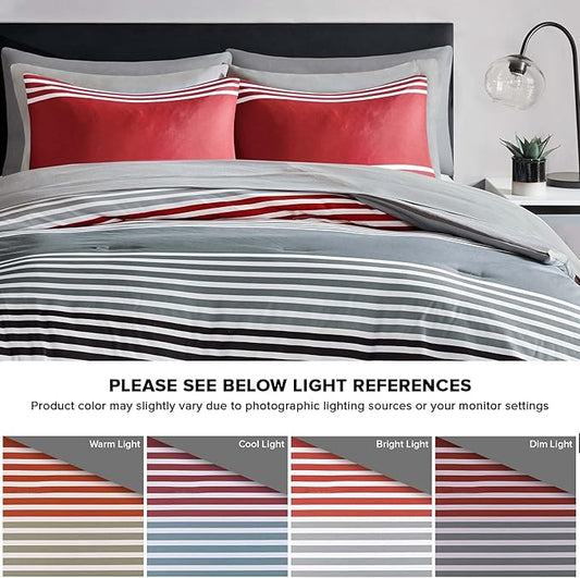 Comfort Spaces Twin XL Comforter Sets with Sheets - Bed in a Bag 6 Pieces Teen Bedding Sets, Red and Grey Stripes Bedding Twin XL, College Twin XL Bed Set with 2 Side Pockets Bedroom Organizer