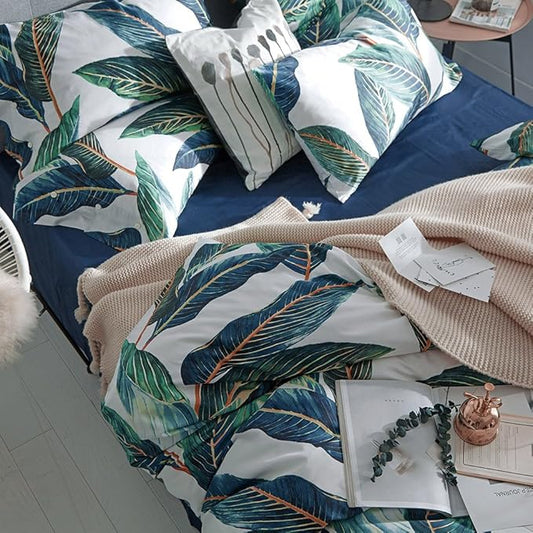 VM VOUGEMARKET Leaves Duvet Cover Set Queen,3 Piece Soft Premium Cotton Green Tropical Palm Tree Comforter Cover with Zipper Closure,Botanical Bedding Set Queen