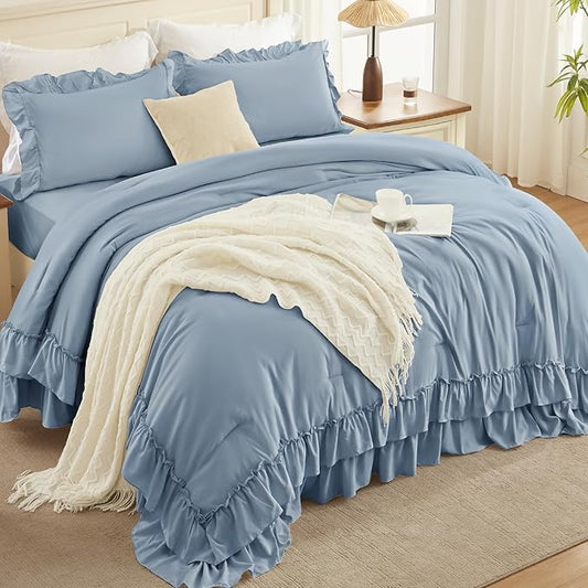 Andency Grayish Blue California King Comforter Set, 3 Pieces Farmhouse Shabby Chic Bedding Comforter Sets, Lightweight Fluffy Soft Polyester All Season Bed Set(104x96In Comforter)