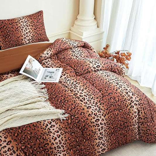 PERFEMET Leopard Print Bedding Set King, 3 Pieces Animal Cheetah Print Comforter Set with 2 Pillowcases, Soft Fluffy Farmhouse Leopard Pattern Bed Set for All Season (Brown, King)