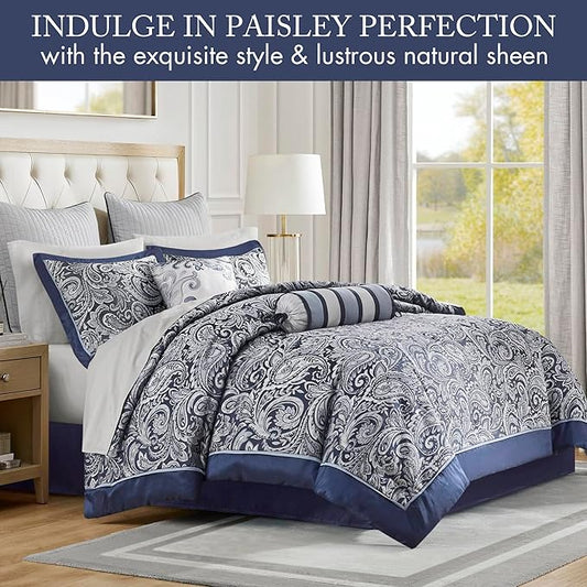 Madison Park Aubrey Cozy Comforter Set, Faux Silk Jacquard Paisley Design - All Season Down Alternative Bedding with Cotton Bed Sheets, Bed Skirt & Toss Pillows, Queen Navy 12 Piece