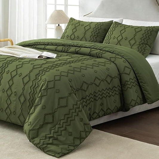 Andency Olive Green Tufted Comforter Set Queen(90x90Inch), 3 Pieces(1 Boho Comforter, 2 Pillowcases) Textured Farmhouse Bed, Soft Microfiber Down Alternative Geometric Bedding Set