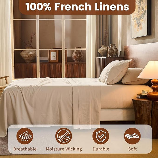 100% Linen Sheets California King Size,Breathable & Durable 4-Piece Bed Flax Sheet Set,Soft All-Season Bedding for Hot Sleepers 16" Deep Pocket Oeko-TEX Certified,(Cal King, Linen)