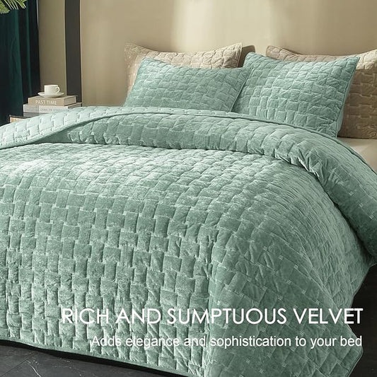Powdion Velvet Quilt King Size, Oversized Bedspread Coverlet Quilted Bedding Set, Lightweight Velvet Comforter Set Luxury Coverlet Set for All Season with 2 Pillow Shams, 96x106 Aqua Green