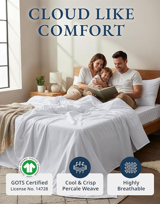 LANE LINEN 100% Organic Cotton Full Sheet Set, Low Pilling Fade Resistant Machine Washable Naturally Cooling Full Bed Sheets, Soft & Comfy Printed Cotton Bedding- Blue Ticking Stripe