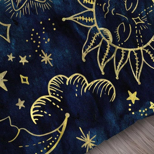 Celestial Comforter Set Full Size Blue Gold Sun and Moon Boho Bedding for Kids Adult Women Teens Universe Galaxy Bohemian Exotic Gothic Quilt 1 Comforter + 2 Pillow Cases