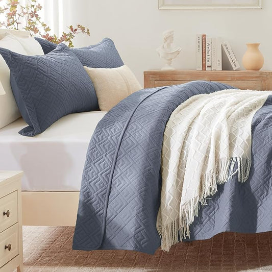EXQ Home Quilt Set Twin Size Blue 2 Piece,Lightweight Soft Coverlet Modern Style Squares Pattern Bedspread Set for All Season(1 Quilt,1 Pillow Sham)