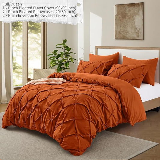 VACVELT 5 Piece Pinch Pleated Duvet Cover Full/Queen Size Set, Burnt Orange Pintuck Duvet Cover with Zipper & 8 Ties, Shabby Chic Microfiber Duvet Cover + 2 Pillow Shams + 2 Pillowcases, No Comforter