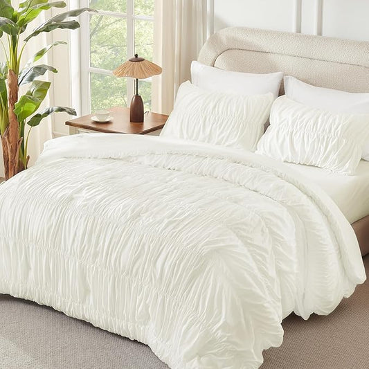 Andency Ruched Ivory Oversized Queen Size Comforter Sets, Shabby Chic Pleated Bedding Sets 3 Pieces, Lightweight Soft Boho Ruffle Bed Set for Girls, Kids, Women, All Season