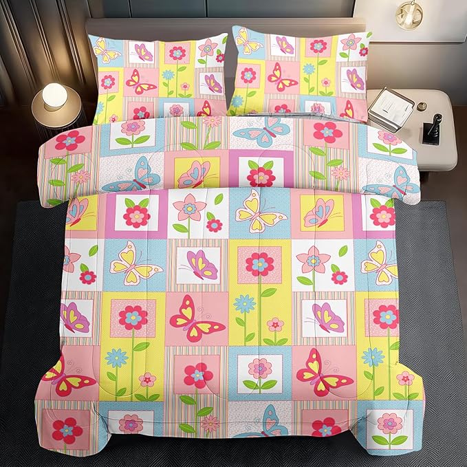 Pink Butterfly Kids Comforter Set King Girls Floral Bedding Set Girls Pink Grid Comforter Kids Quilt Bedroom Decor White Purple Blue Pink Butterfly Bedding Bed Decor