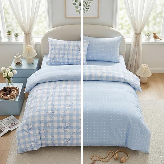 Blue Bow Comforter Set Full for Girls, Light Blue Gingham Bedding with Heart Pattern, 3 Pcs Checkered Plaid Quilted Comforter Set with 2 Pillowcases, 79"x90"