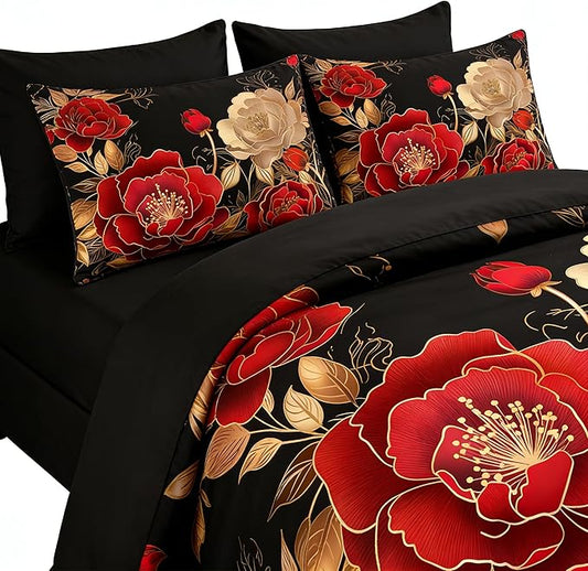 King Size Bed in A Bag Comforter Set for Women, 7Pcs Black and Red Bedding Set Vintage Floral Comforter, 1 Comforter 104"x90"&2 Pillowcases&1 Flat Sheet&1 Fitted Sheet&2 Pillowshams