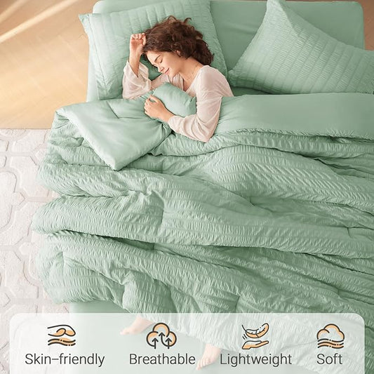 MUXHOMO 7 Pieces King Comforter Set, Seersucker Bed in a Bag King Size, All Season Luxury Bedding Set with Comforter, Flat Sheet, Fitted Sheet, Pillowcases & Shams, Sage Green