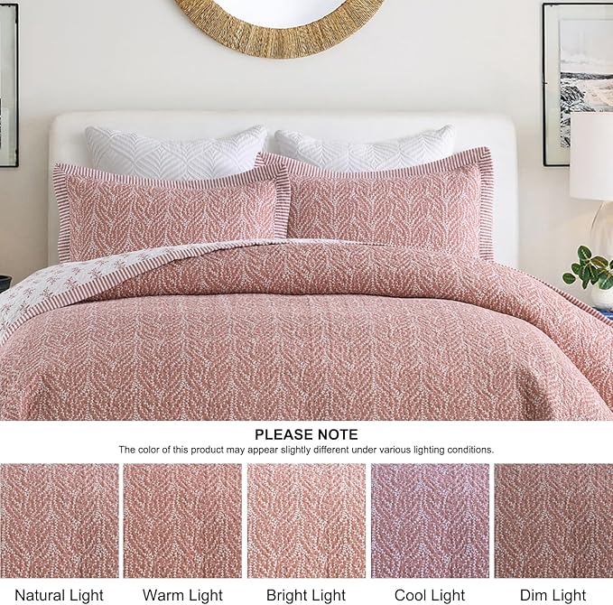 SahSahCasa Quilt Set Queen Size, 100% Cotton Quilt Bedding Set Bedspread, Botanical Pattern Solid Color Chic Lightweight Quilted Comforter for Queen Bed, White/Old Rose, All Season, 3 Pieces