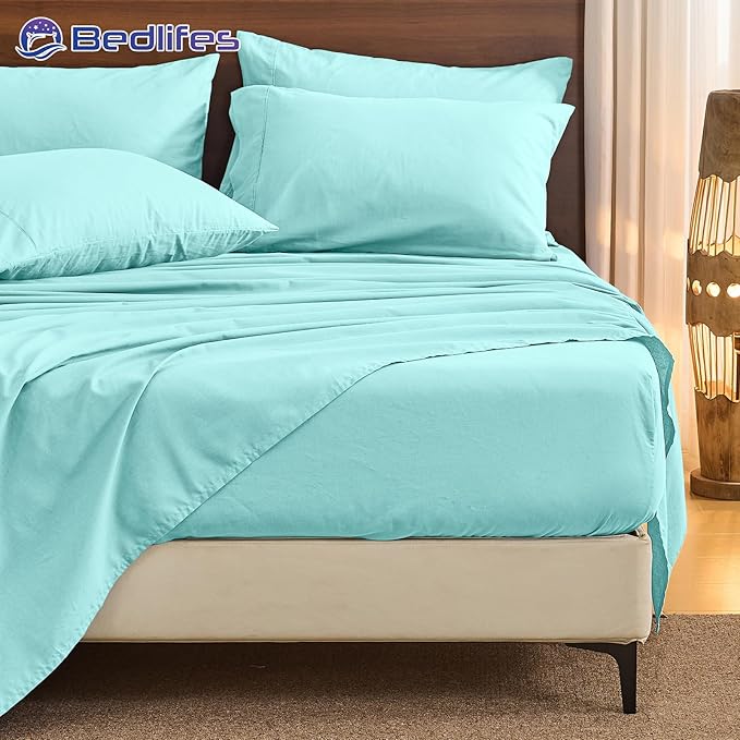 Bedlifes 100% French Pure Linen Sheets Queen Size Breathable and Cooling Flax Sheet Set Soft Durable and Moisture Wicking 16 Inch Deep Pocket-4 Piece(Queen,Teal)