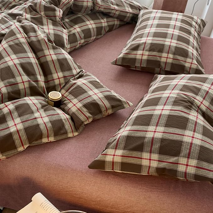 EAVD Vintage Brown Buffalo Plaid Comforter Set Full Soft 100% Washed Cotton Brown&Red&Green Grid Checkered Bedding Set with 2 Pillowcases Retro Gingham Comforter Set for All-Season