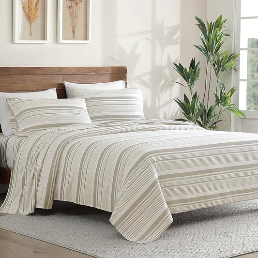 ClevaHome Classic Stripe Sheet Set - 4 Pieces Super Soft & Breathable Bed Sheet Set with Deep Pocket, Enhanced Comfort & Easy Care (Queen, Desert Stripe)