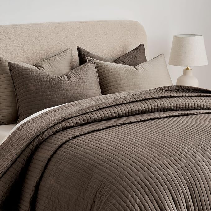 EVERGRACEHOME Cotton Sateen Quilt Set King Size, Pre-Washed Cotton Channel Stitch Coverlet Bedspread, 3 Pieces Lightweight Soft Bedding Sets for All Season, with 2 Pillow Shams, Mocha Brown