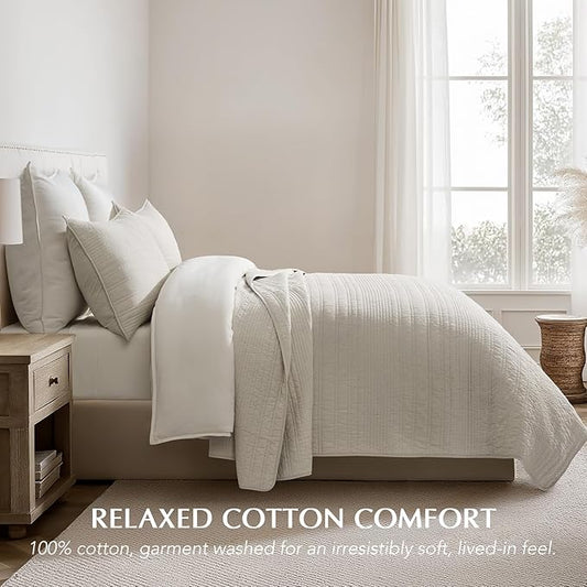 EVERGRACEHOME 100% Cotton Modern Lines Quilt Set King Size, Pre-Washed Soft Striped Coverlet Bedspread, 3 Piece Lightweight Bedding Set for All Season, with 2 Pillow Shams, Birch