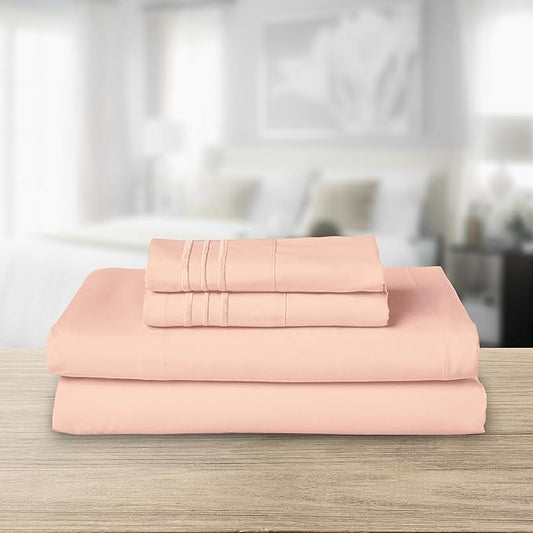 Elegant Comfort Luxurious 1500 Premium Hotel Quality Microfiber Three Line Embroidered Softest 4-Piece Bed Sheet Set, Wrinkle and Fade Resistant, Twin/Twin XL, Blush Pink