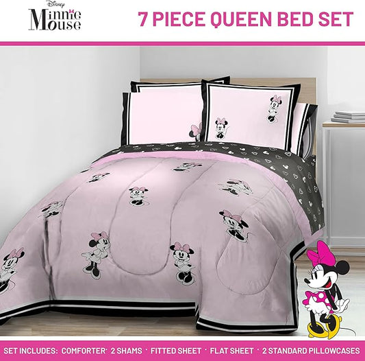 Jay Franco Kids Comforter Set Includes Sheets and Pillow Covers - Soft and Cozy Bed Set for Stylish Room Decor, Official Licensed Bedding, Multi - Minnie Mouse, 7 Piece Queen