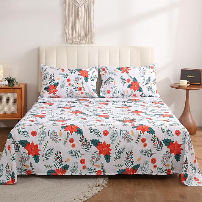 JSD Floral Printed Sheet Set Full Size 4 Piece, Poinsettia Pattern Microfiber Bed Sheets Extra Deep Pocket, Oeko-tex Certified