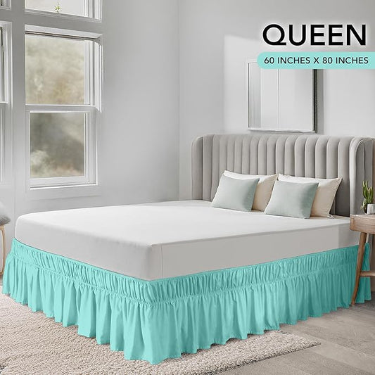 Wrap Around Ruffle Queen Size Bed Skirt – Adjustable Buckle & Elastic Belt for Easy Installation, 16 Inch Drop – Brushed Microfiber - Machine Washable, Fade and Wrinkle Resistant, Spa Blue