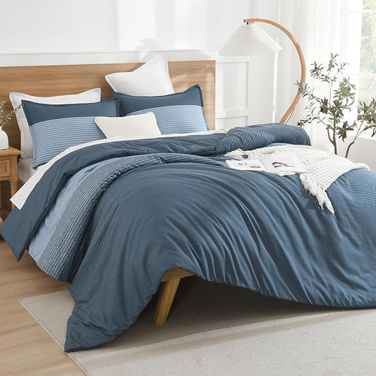 Litanika Comforter Set, Lightweight Colorblock Stripes Bedding Comforter Set, Fluffy Down Alternative Bed Set, Haze Blue, Queen