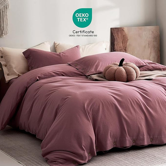 JELLYMONI 100% Washed Cotton Duvet Cover Twin – Soft, Breathable Linen-Look Bedding with Natural Wrinkle Texture, Button Closure, 2-Piece Set (Deep Rose, 68"x90")