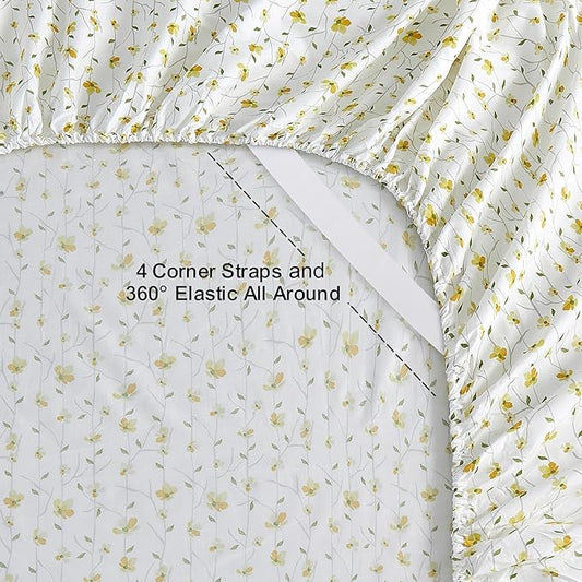 Softan Yellow Floral Bed Sheets Full Flower Printed Sheets - Patterned Microfiber Fitted Sheets Full with 15" Deep Pocket & Non-Slip Straps, Cute Flower Sheets & Pillowcase Set