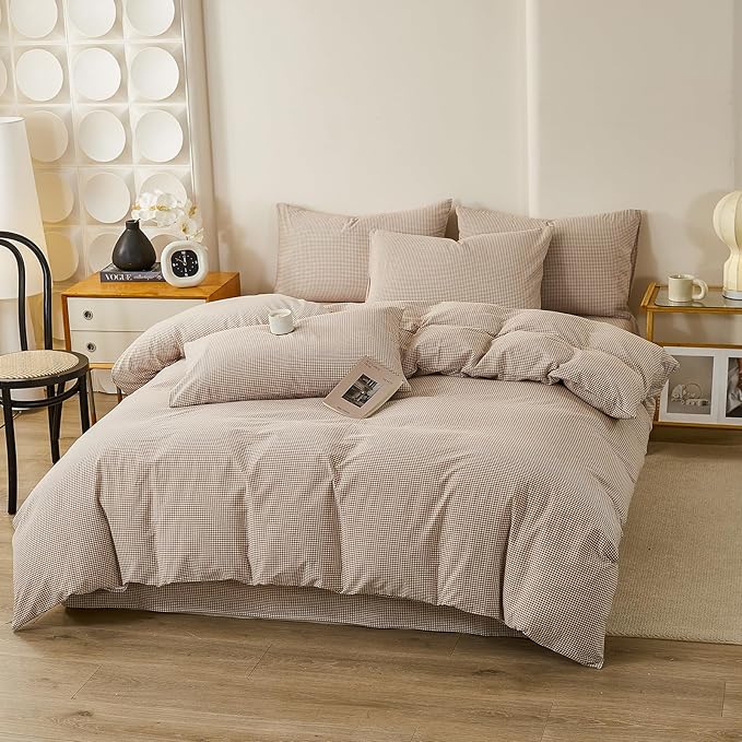 EAVD Tan Plaid Gingham Duvet Cover King Soft 100% Washed Cotton Reversible Tan and White Plaid Duvet Cover with 2 Pillowcases Farmhouse Ginggham Bedding Set with Zipper Closure