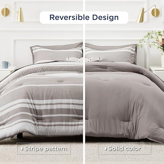 Bedsure California King Comforter Set 7 Pieces, Taupe Striped Bedding Set for All Seasons, Reversible, Cationic Dyeing Bed in a Bag with Comforter, Sheets, Pillowcases & Shams