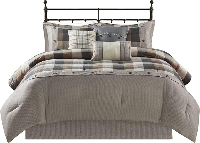 Madison Park Ridge Comforter Set - Cabin Lodge Plaid Herringbone Design, All Season Down Alternative Cozy Bedding with Matching Bedskirt, Shams, Decorative Pillow, Cal King(104"x92"), Neutral 7 Piece