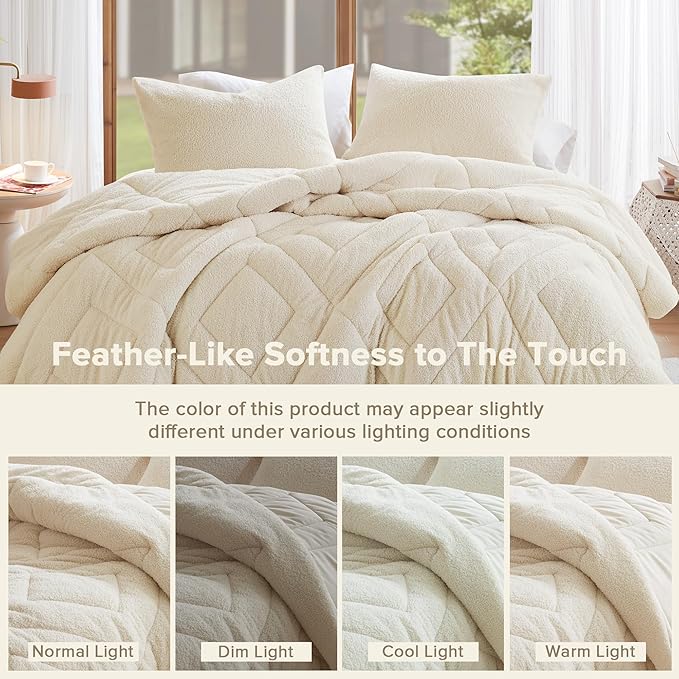 Comfort Spaces Queen Comforter Set Reversible Feather-Soft Plush Comforters for Queen Size Bed All Season Lightweight Shearling Fleece Sherpa Comforter Queen Size Bed Set, Full/Queen, Ivory 3 Piece