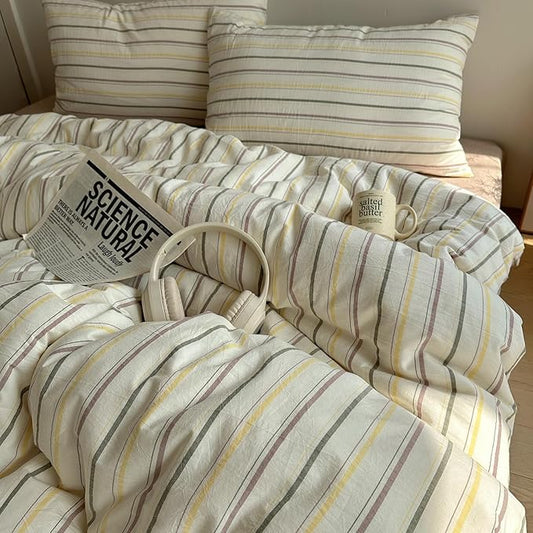 EAVD Vintage Colorful Striped Comforter Set Queen Soft Cotton 3-Piece Retro Vertical Striped Bedding Set with 2 Pillowcases Boho Geometric Comforter Set for All-Season(Green&Yellow&Brown, Queen)