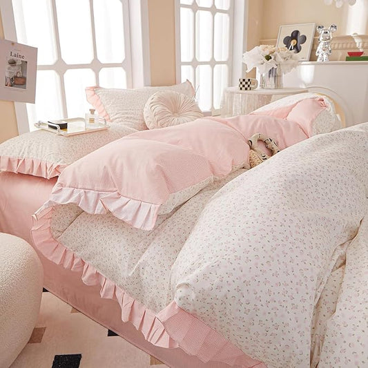 HighBuy Flower Comforter Set Queen Size Coquette Romantic Comforter Fluffy Girl Lace Bedding Comforters Soft Ruffle Floral Comforter Set 1 Ruffled Comforter with 2 Pillowcases for All Season