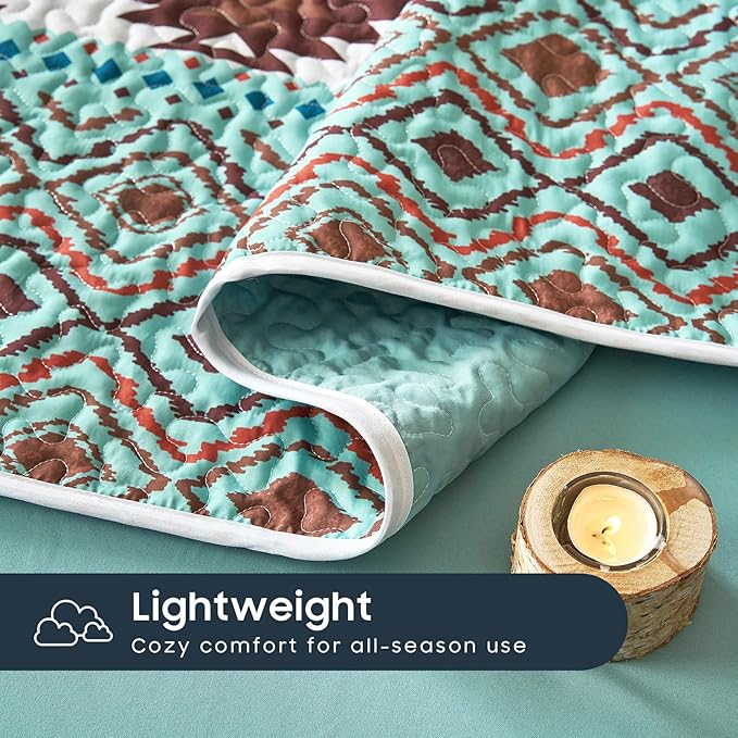 Wake In Cloud - Western Quilt Set, Southwestern Aztec Country Style with Rustic Ranch Vibe, Reversible Lightweight Bedspread Coverlet, 3 Pieces, Turquoise Brown, Queen/Full Size