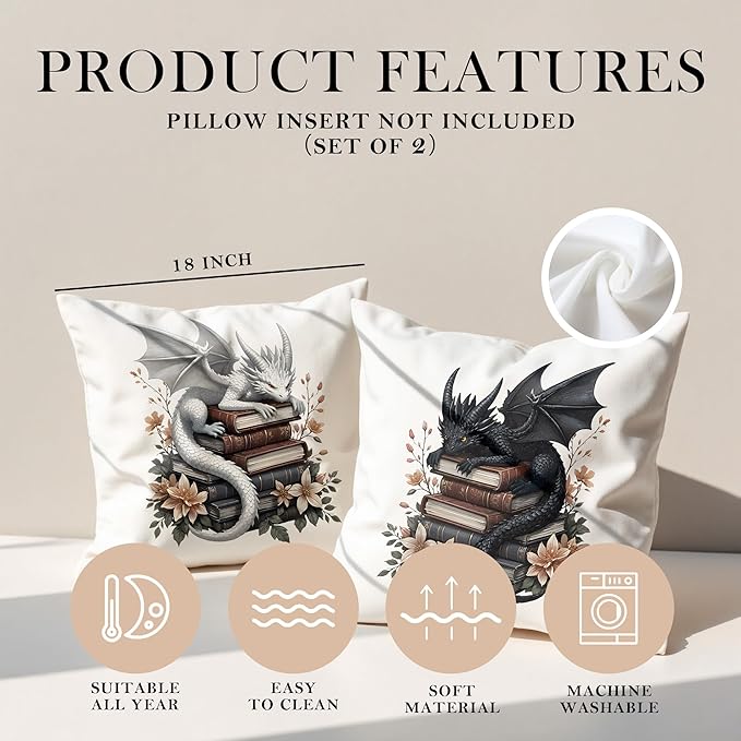 Vintage Magical Black White Dragon Reading Book Decorative Throw Pillow Covers 18x18 Set of 2, Fantasy Room Decor for Kids, Gamers, and Bookworms,Reading Nook Decor, Gifts for Bookworm Readers