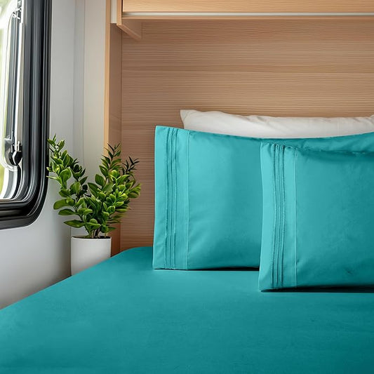 Elegant Comfort Luxurious 1500 Premium Hotel Quality Microfiber Three Line Embroidered Softest 4-Piece Bed Sheet Set, Wrinkle and Fade Resistant, RV Short Queen, Turquoise