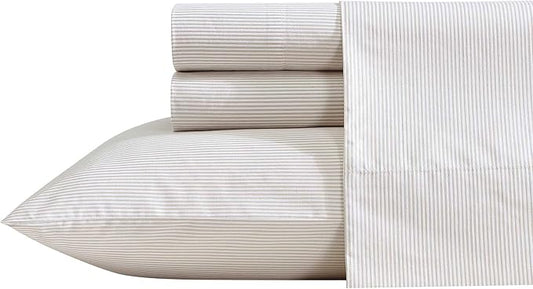 Nautica - Queen Bed Sheets, Lightweight Cotton Percale Bedding Set with Matching Pillowcases, Crisp & Cool, Oeko-Tex Certified (Penny Pinstripe Brown)