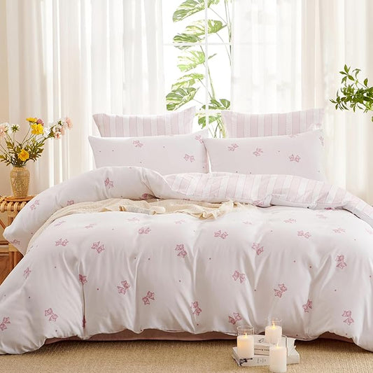 White Comforter Set Full Size - Pink Bow Quilt Bedding Set 3 Pieces, Sripes Comforter Set Full, Soft & Lightweight Comforter(79‘’ x 90‘’) for Girl All Season & 2 Pillowcases(30‘’x20‘’)