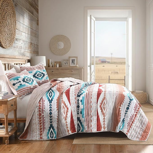 HORIMOTE HOME Southwestern Aztec Quilt Set Queen/Full Size - 3-Piece Tribal Geometric Pattern Bedspread with 2 Pillow Shams, Boho Rustic Bedding Set All Season Quilted Coverlet (Terracotta/Teal)