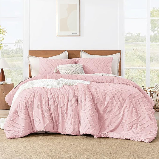 Litanika Pink Queen Size Comforter Sets, 3 Pieces Lightweight Chevron Tufted Bedding Comforter Set, Fluffy Down Alternative Comforter Bed Set Gift Choice (90x90In Comforter and 2 Pillowcases)